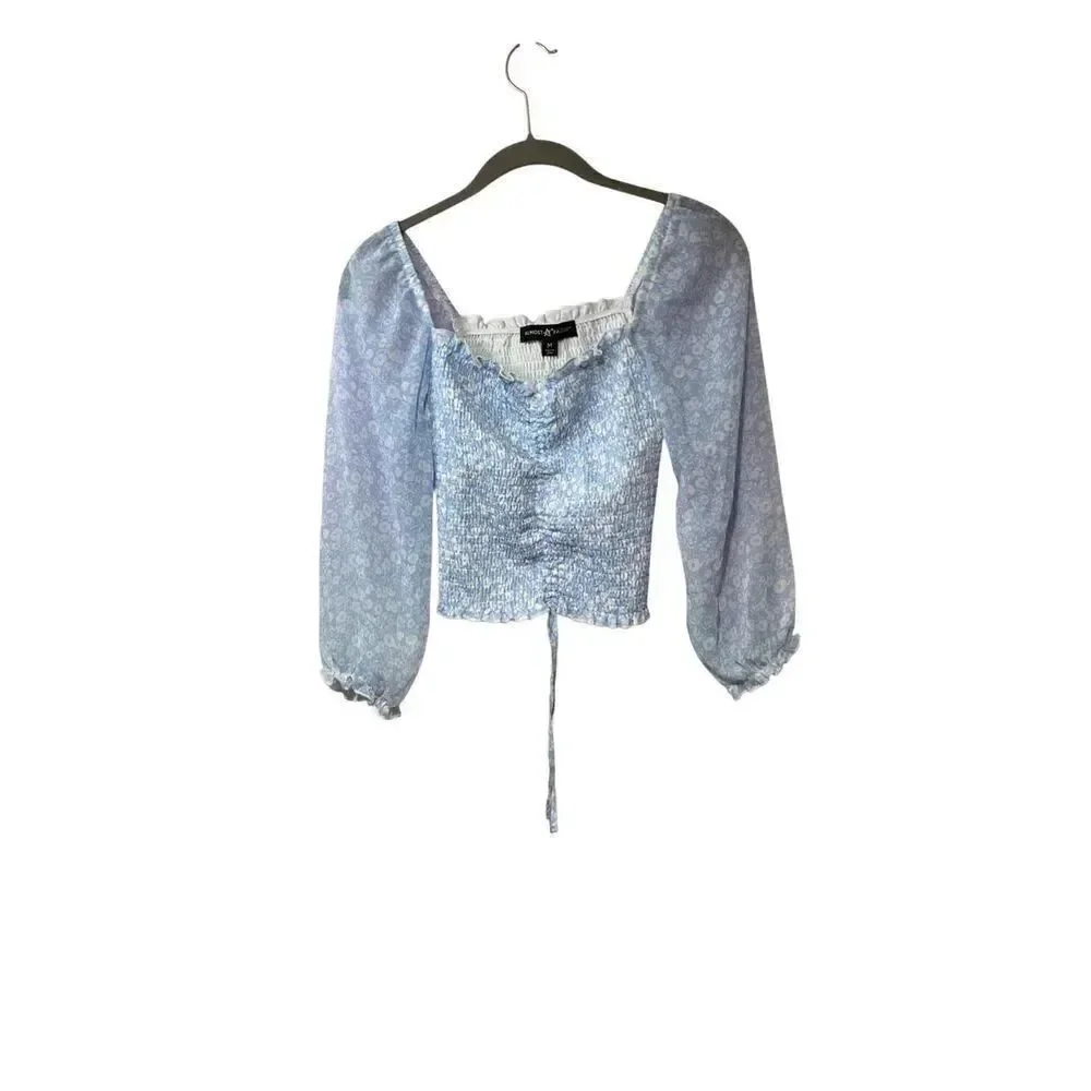 NWOT almost famous blue and white floral Smocked Tie front crop top S/M